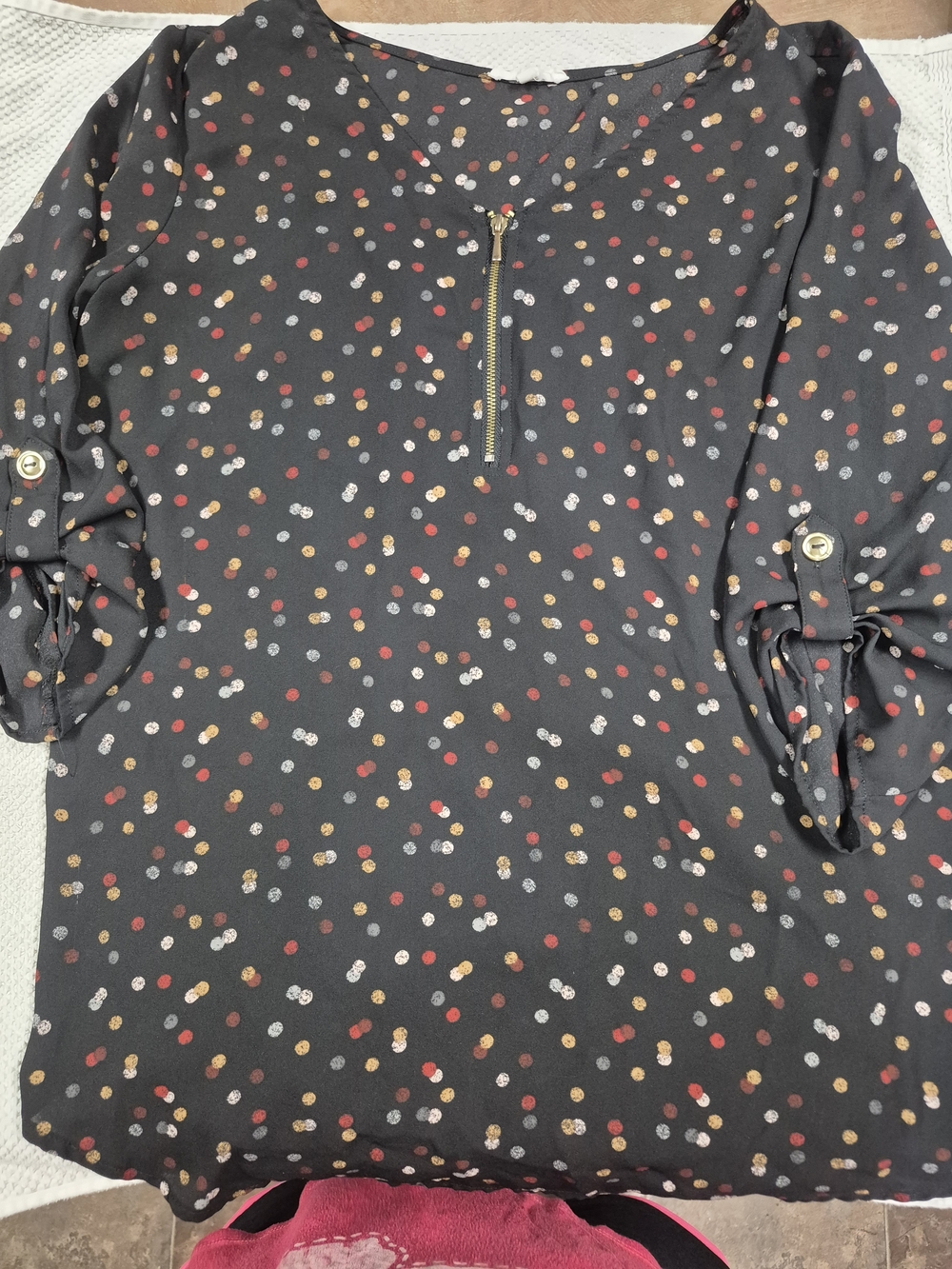 Maurices Black Dot-Print Zip Front Blouse with Red, Gold, Silver Dots